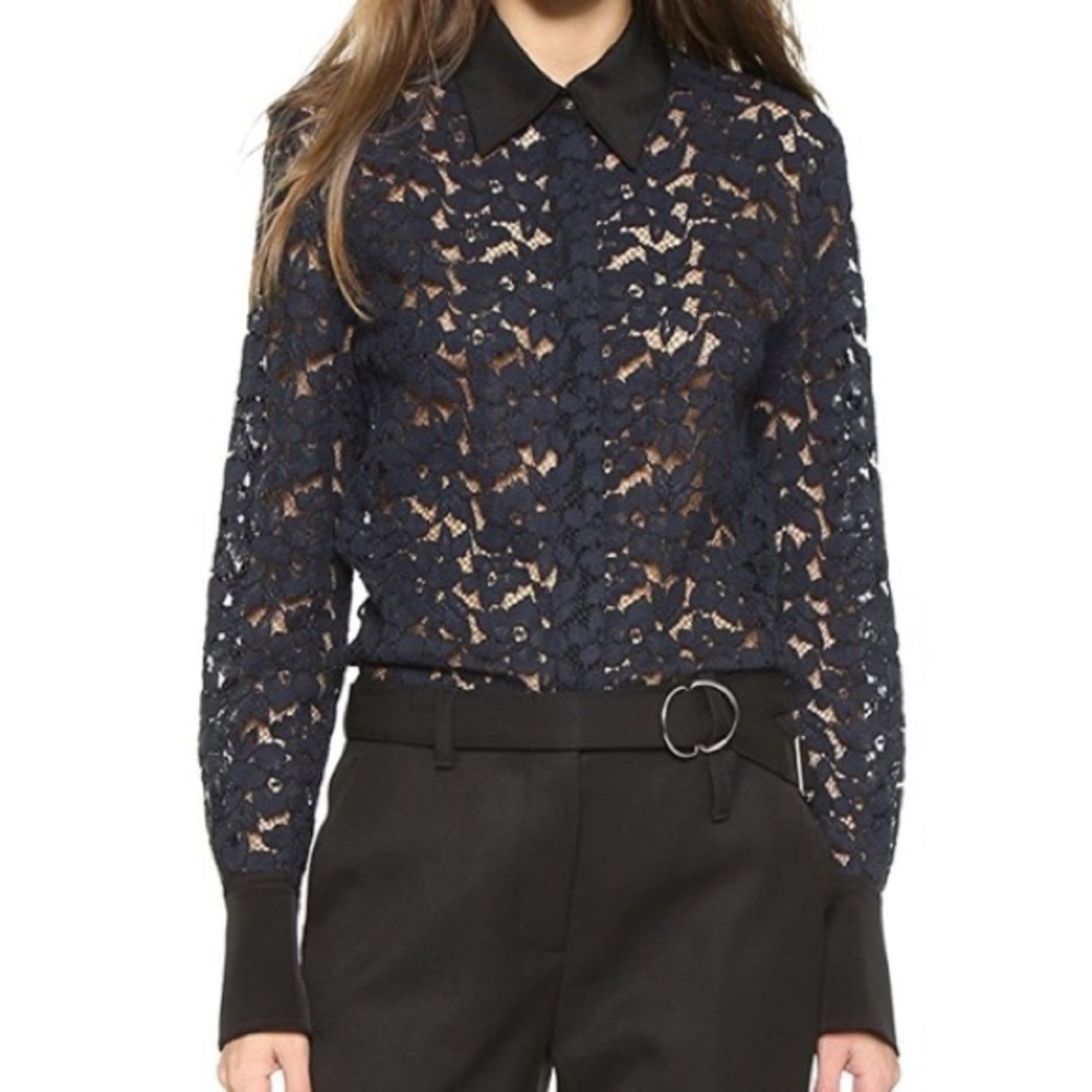 3.1 Phillip Lim Navy Blue Lace Button Down Shirt